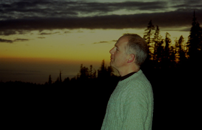 near Port Renfrew, Eric Porcher looking over Juan de Fuca Strait to the Pacific